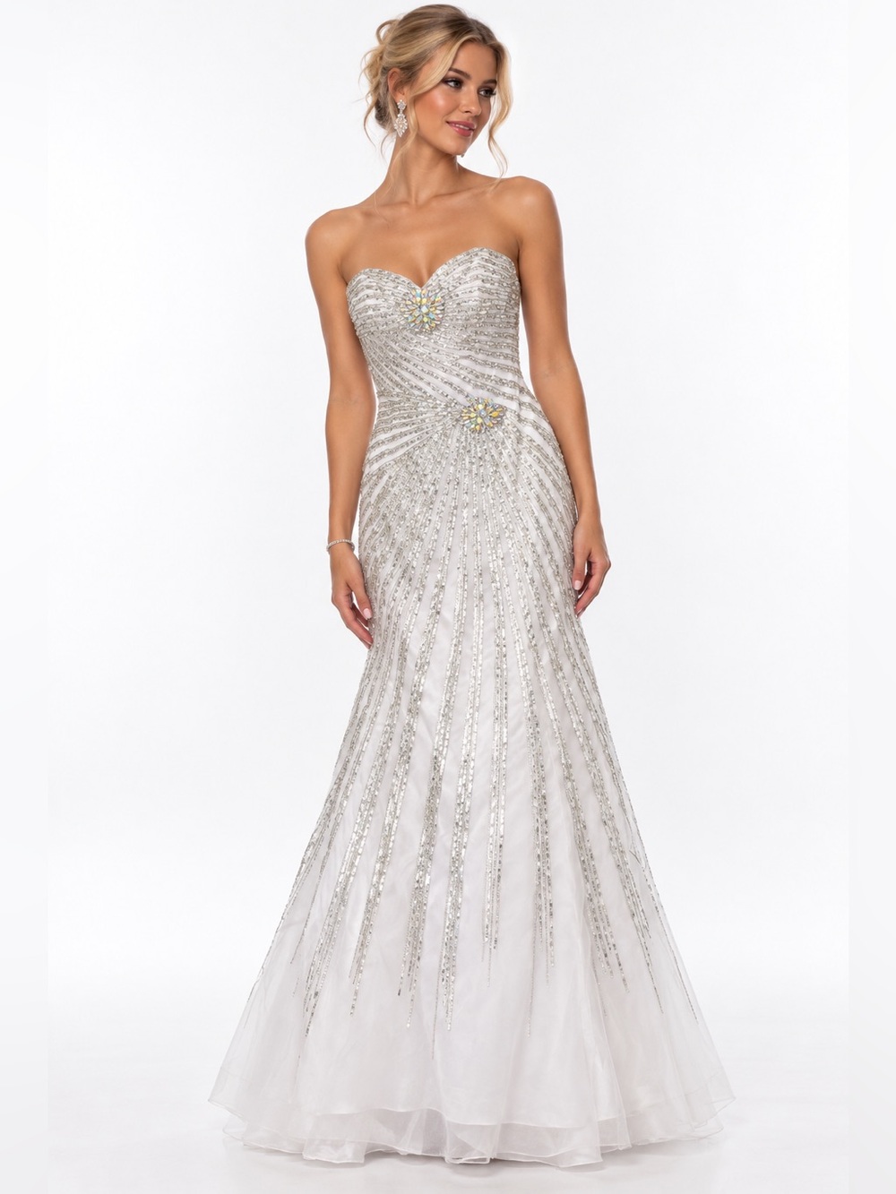 Jovani Size 2 White Silver Crystal Beaded Strapless sweetheart Prom Formal Gown